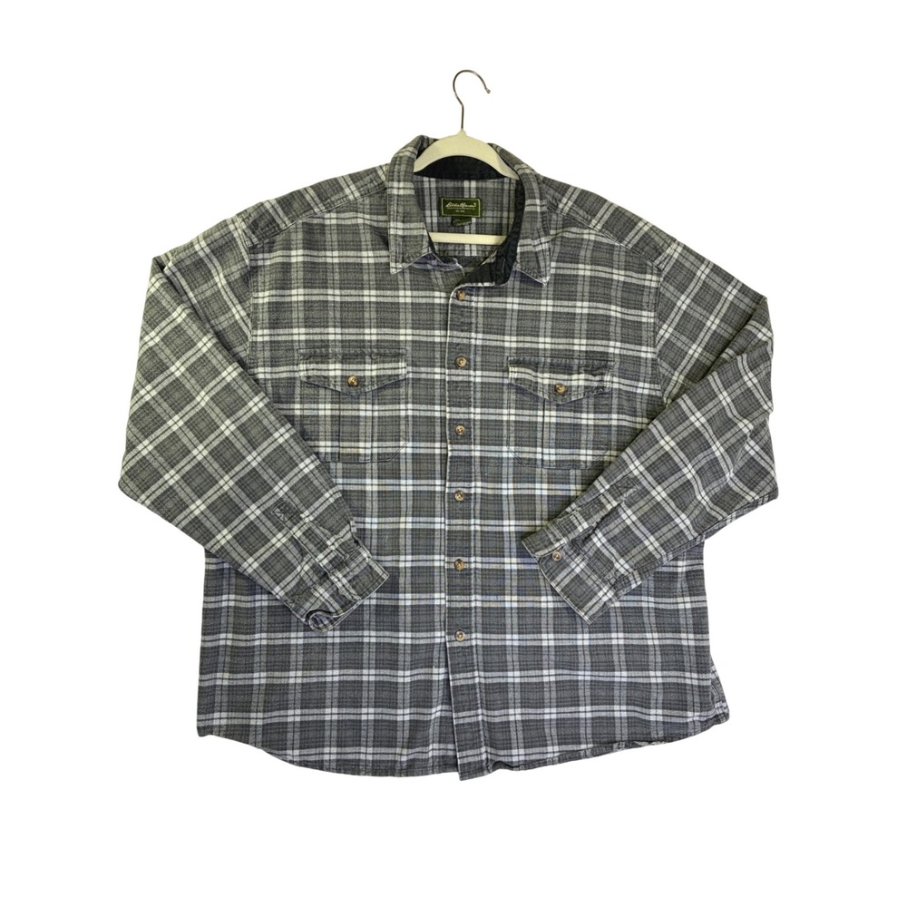 Eddie Bauer Mens XXL Gray White Plaid Flannel Button Down Shirt 100% Cotton